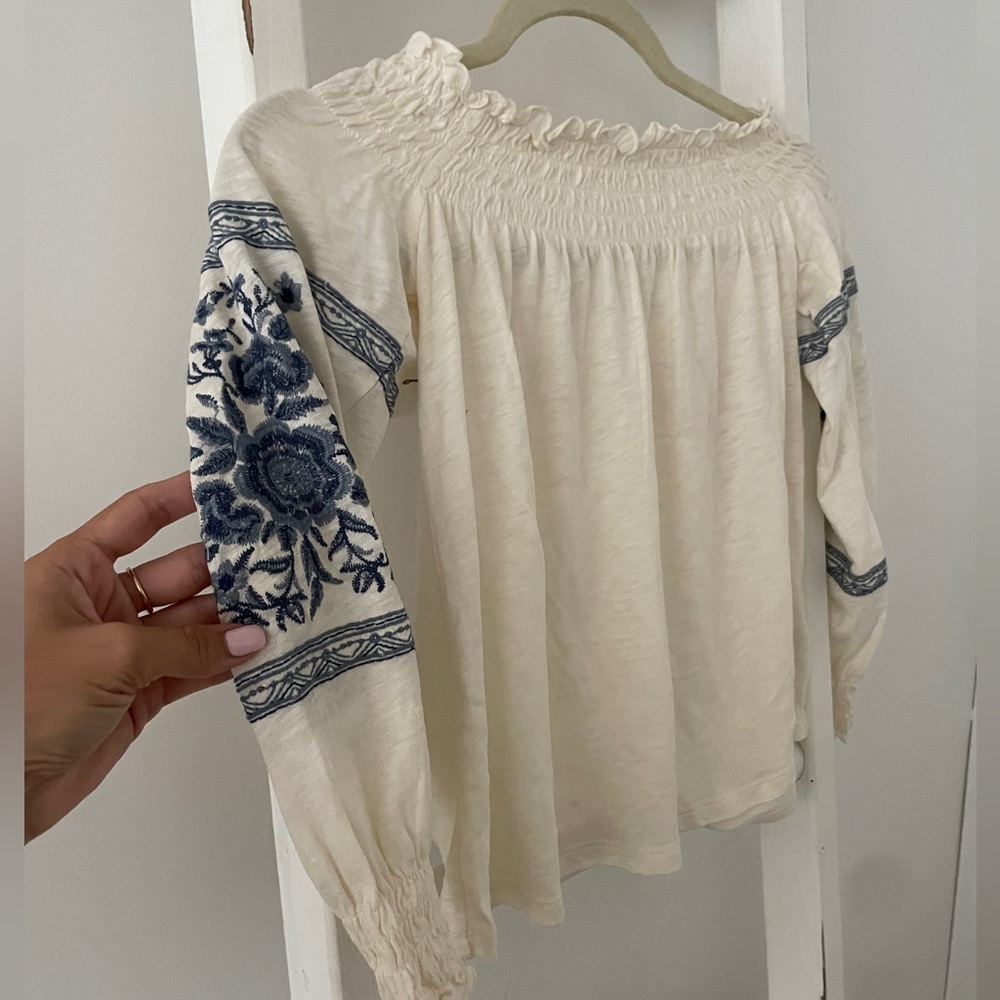 American Eagle Outfitters Cream Blouse with Blue Embroidery